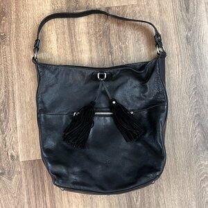 Frye Clara Black Leather Hobo Bag Handbag Purse Pebbled Leather Tassels